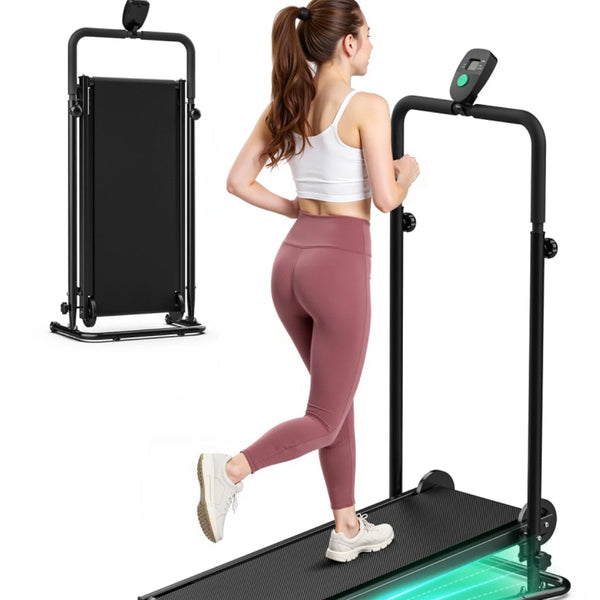 Non-Electric Motorless Treadmill — Dual Flywheel Fixed Incline LCD Monitor Home Gym
