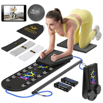 7-in-1 Foldable Pilates Reformer Board — Core Workout Kit with Resistance Bands & Timerts Compact Fitness Slider Equ